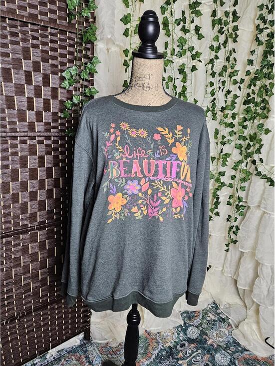NATURAL LIFE Tops - Natural Life Floral Graphic Sweatshirt Oversized Boho Cozy Green Small